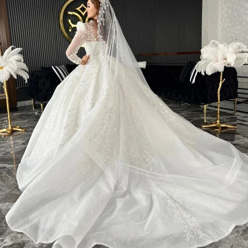 Custom Square Neck Long Sleeve Beaded Train Wedding Bridal Gown