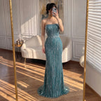 Serene Hill Turquoise Strapless Beaded Mermaid Evening Gown With Gloves