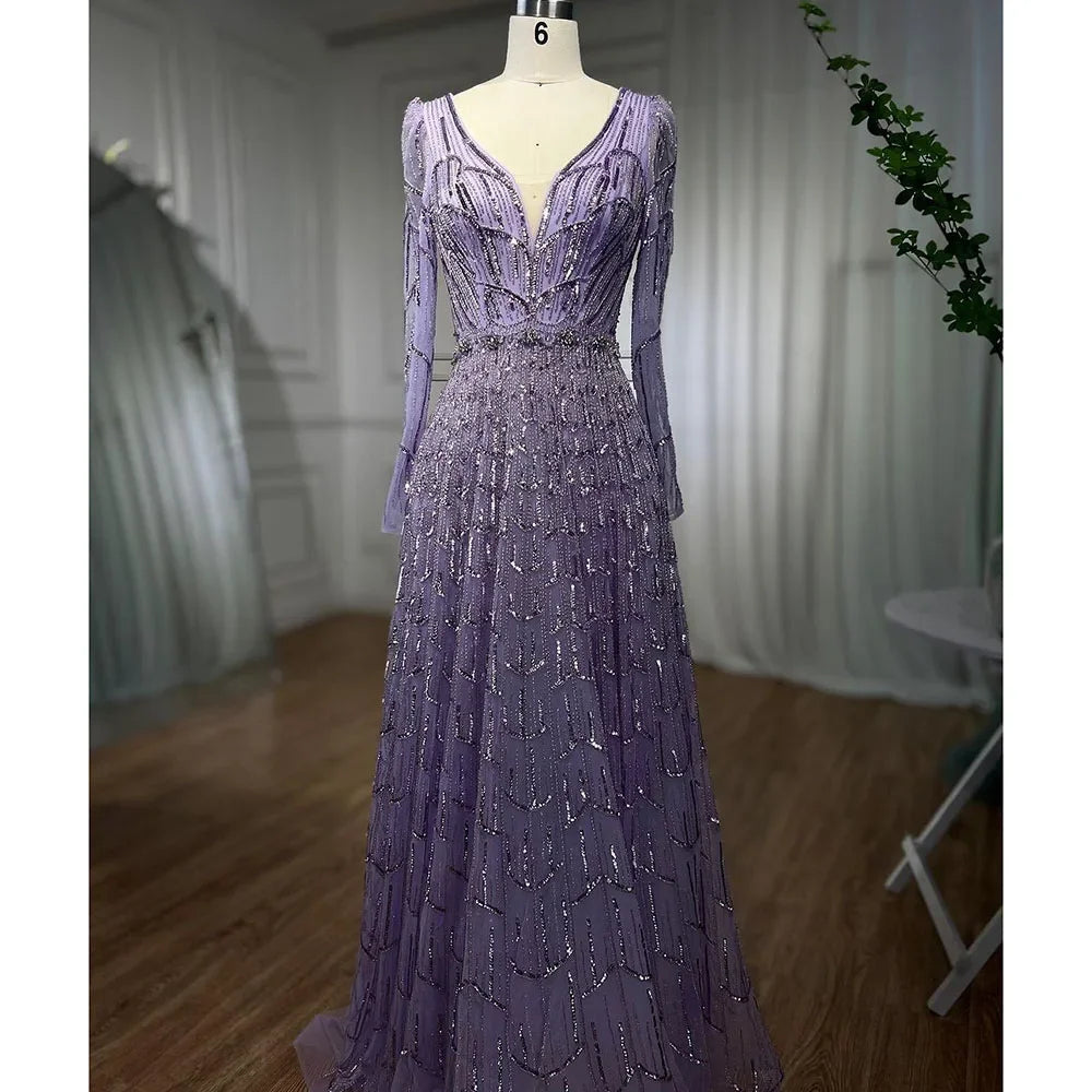 Serene Hill Turquoise Muslim V Neck Long Sleeve Beaded Evening Dress