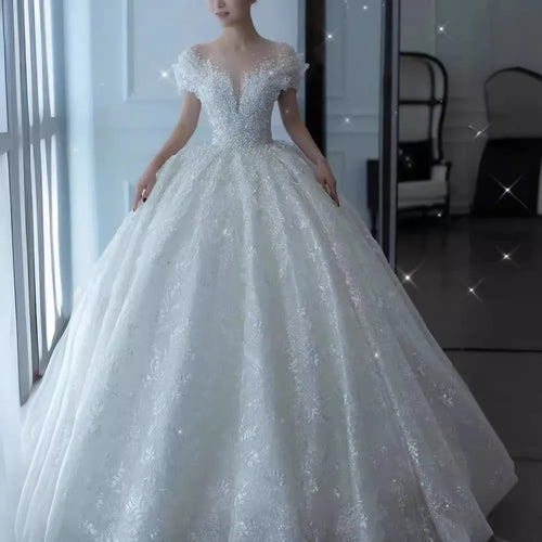 2025 Prinzessin Sexy Luxuriöses Kristall Perlenbesetztes Hochzeitskleid mit Puff-Tüll Weißes Kleid Braut Schwangere Damen Hochwertiges Kleid mit Schleppe