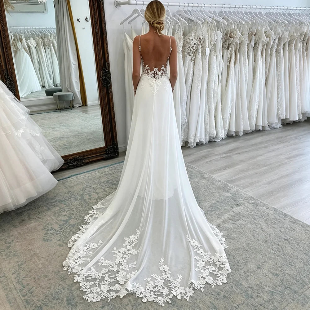 Womens Spaghetti Straps Deep V Backless Wedding Dresses Lace Appliques Chiffon Bridal Gown