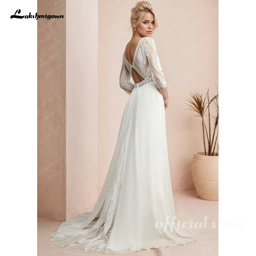 Custom Boho Bridal Gown Long Chiffon Beach Wedding Dress Open Back