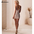 Custom Short V Neck Beaded Wedding Dress Above Knee Bridal Gown