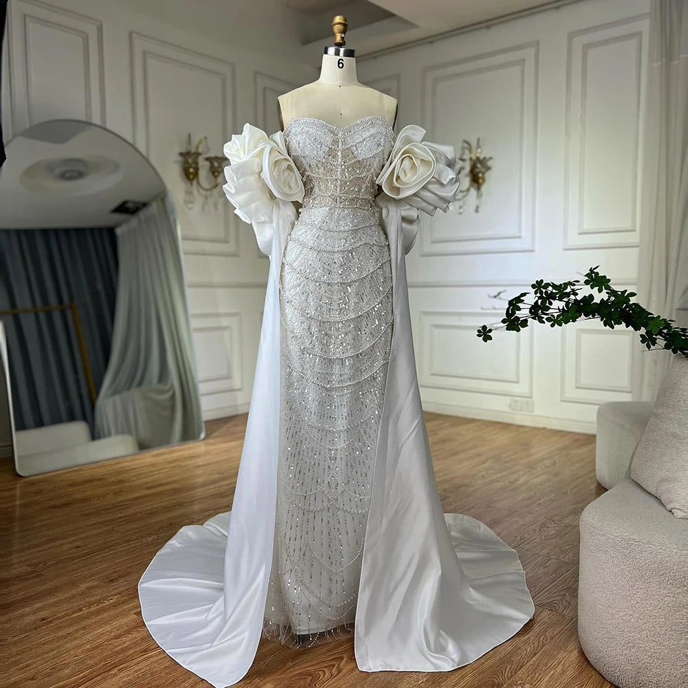 Custom Red Strapless Mermaid Wedding Gown With Pearl Beaded Cape Dress