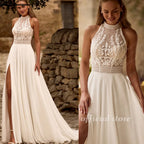 Bohemian Beach Wedding Dress Open Back Lace Halter Chiffon Custom Bridal Gown