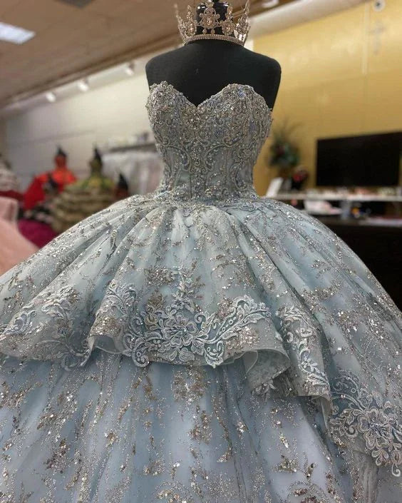Robe de bal faite main avec fleurs bleues fumées, sans manches, appliques, robe de quinceañera, robe douce seize ans Y6294