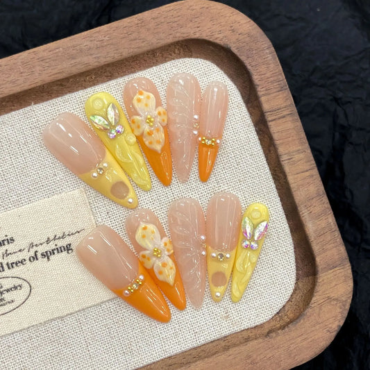 10 uñas postizas francesas hechas a mano, color naranja vitalidad, con diseño de flor de huevo tallada en 3D, largas, estilo ballet, para verano. 