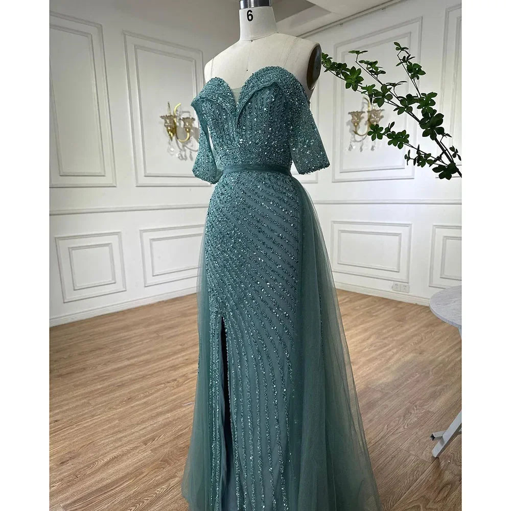 Custom Turquoise Off Shoulder Beaded Mermaid Overskirt Evening Gown For Women