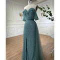 Custom Turquoise Off Shoulder Beaded Mermaid Overskirt Evening Gown For Women