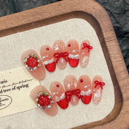 10 uñas postizas cortas con diseño de almendra, borde blanco, estampado de leopardo, estilo francés, hechas a mano, con lazo y estrellas ruborizadas. 
