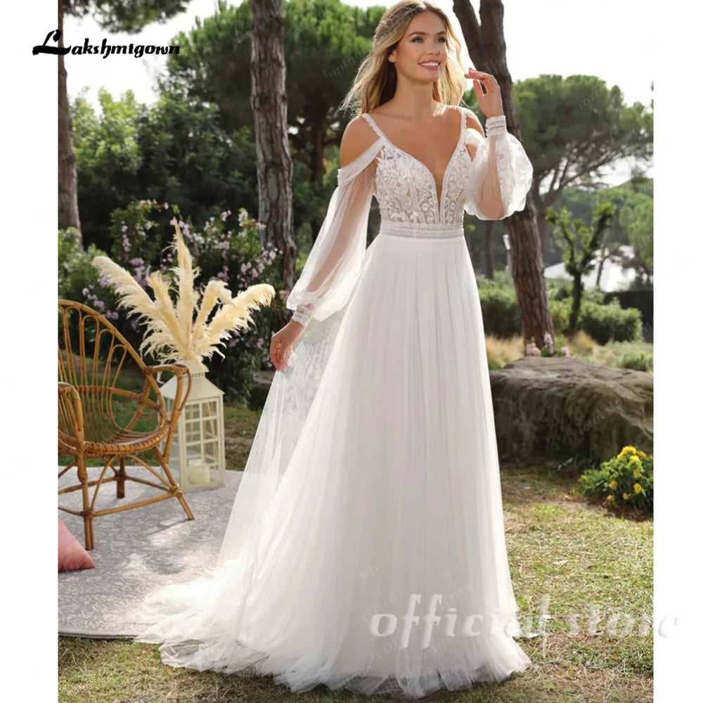 Custom A Line Bohemian Wedding Dress V Neck Puff Sleeve Lace