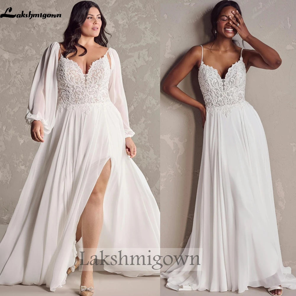 Custom Beaded Lace Wedding Dress Plus Size Boho Gown Detachable Sleeves
