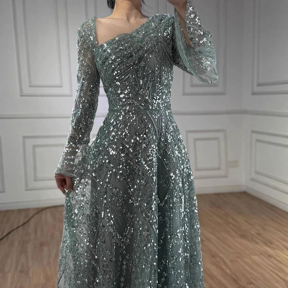 Turquoise Beaded A Line Evening Dress With Long Sleeves For Women Custom