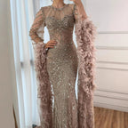 Pink Beaded Mermaid Evening Gown With Feathers Luxury Custom Dress
