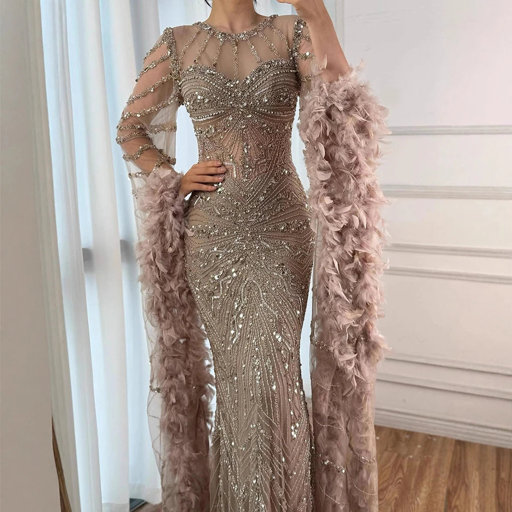 Pink Beaded Mermaid Evening Gown With Feathers Luxury Custom Dress