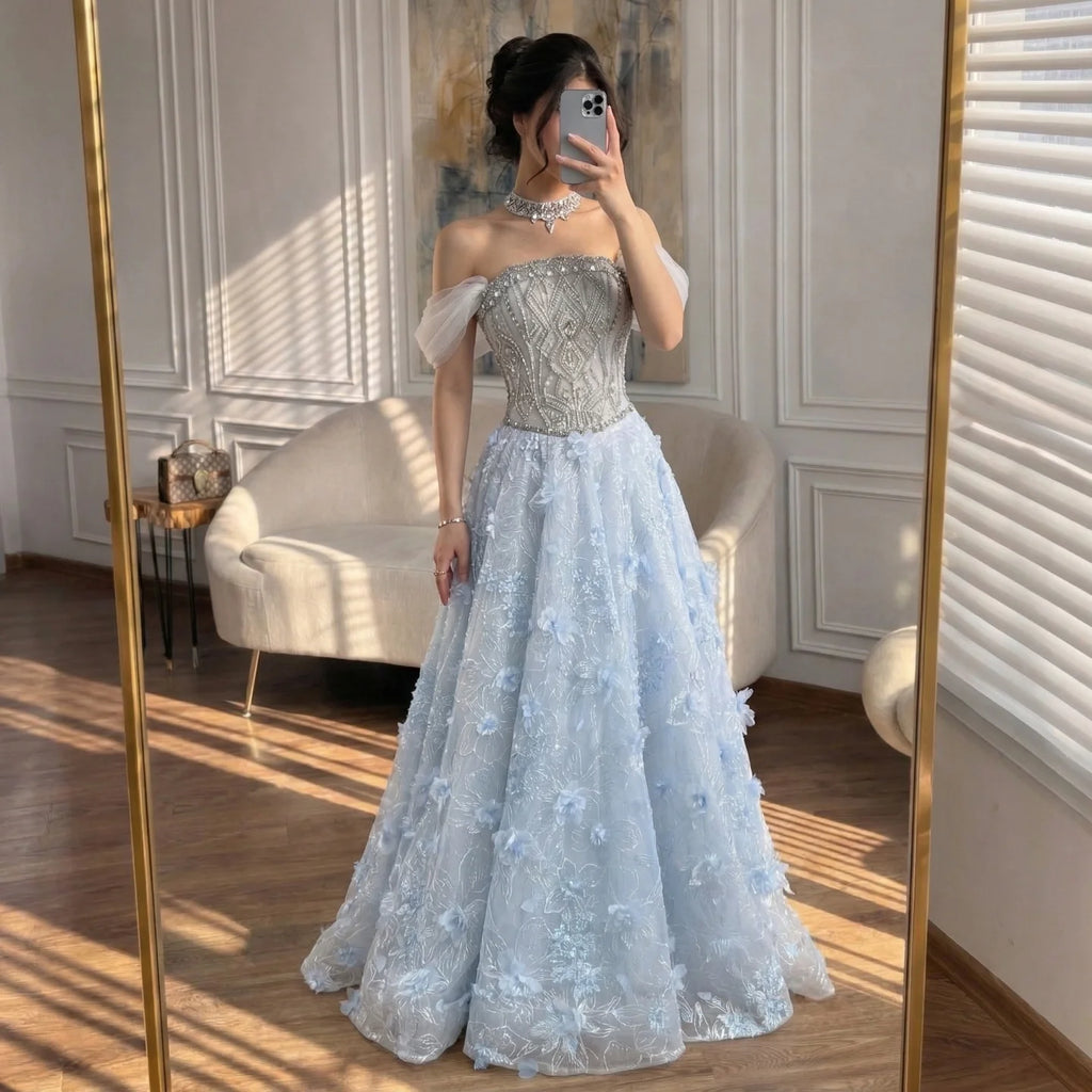 Serene Hill Blue Off Shoulder Evening Dress With Beaded Floral Appliques