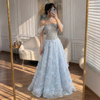 Serene Hill Blue Off Shoulder Evening Dress With Beaded Floral Appliques