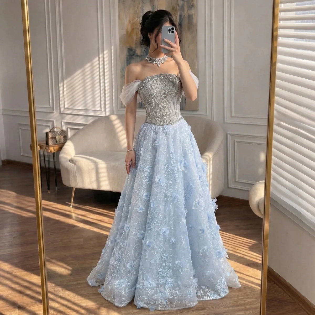 Serene Hill Blue Off Shoulder Evening Dress With Beaded Floral Appliques