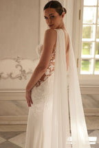 Custom Mermaid Wedding Gown Lace Applique Ruched Spaghetti Strap Bridal Dress