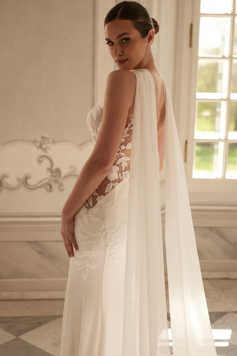 Custom Mermaid Wedding Gown Lace Applique Ruched Spaghetti Strap Bridal Dress