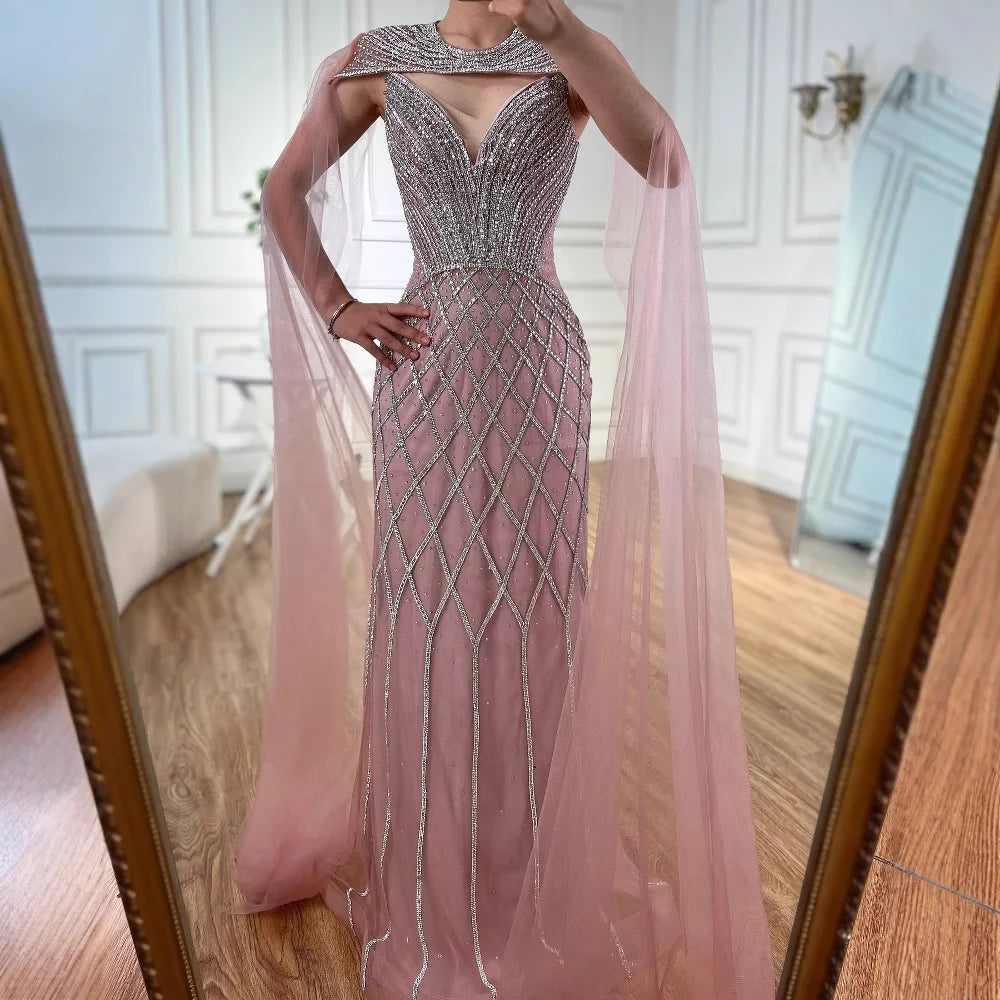 Luxury Nude Beaded Mermaid Evening Dress with Cape LA72814