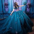 Teal Quinceanera Dresses Ball Gown Off The Shoulder Appliques Floral Sweet 16 Dresses 15 Años Customized