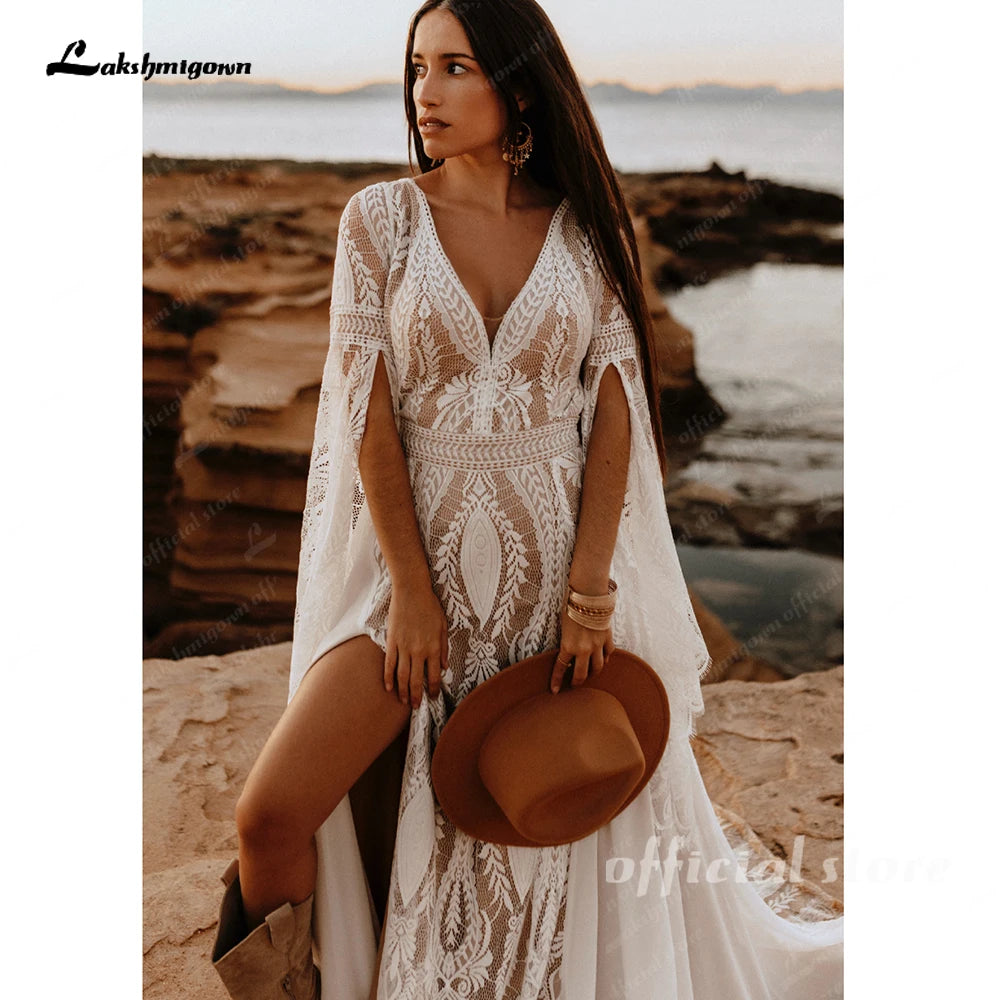 Bohemian A Line Wedding Dress With V Neck And Lace Chiffon Bridal Gown