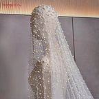 Luxury Pearl Embellished Cathedral Bridal Wedding Veil With Custom Length