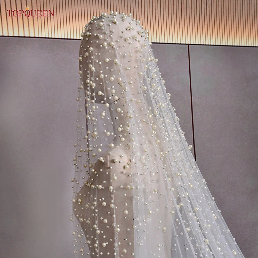 Luxury Pearl Embellished Cathedral Bridal Wedding Veil With Custom Length