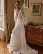 Custom A Line Wedding Dress With Lace Appliques Puff Sleeves Backless