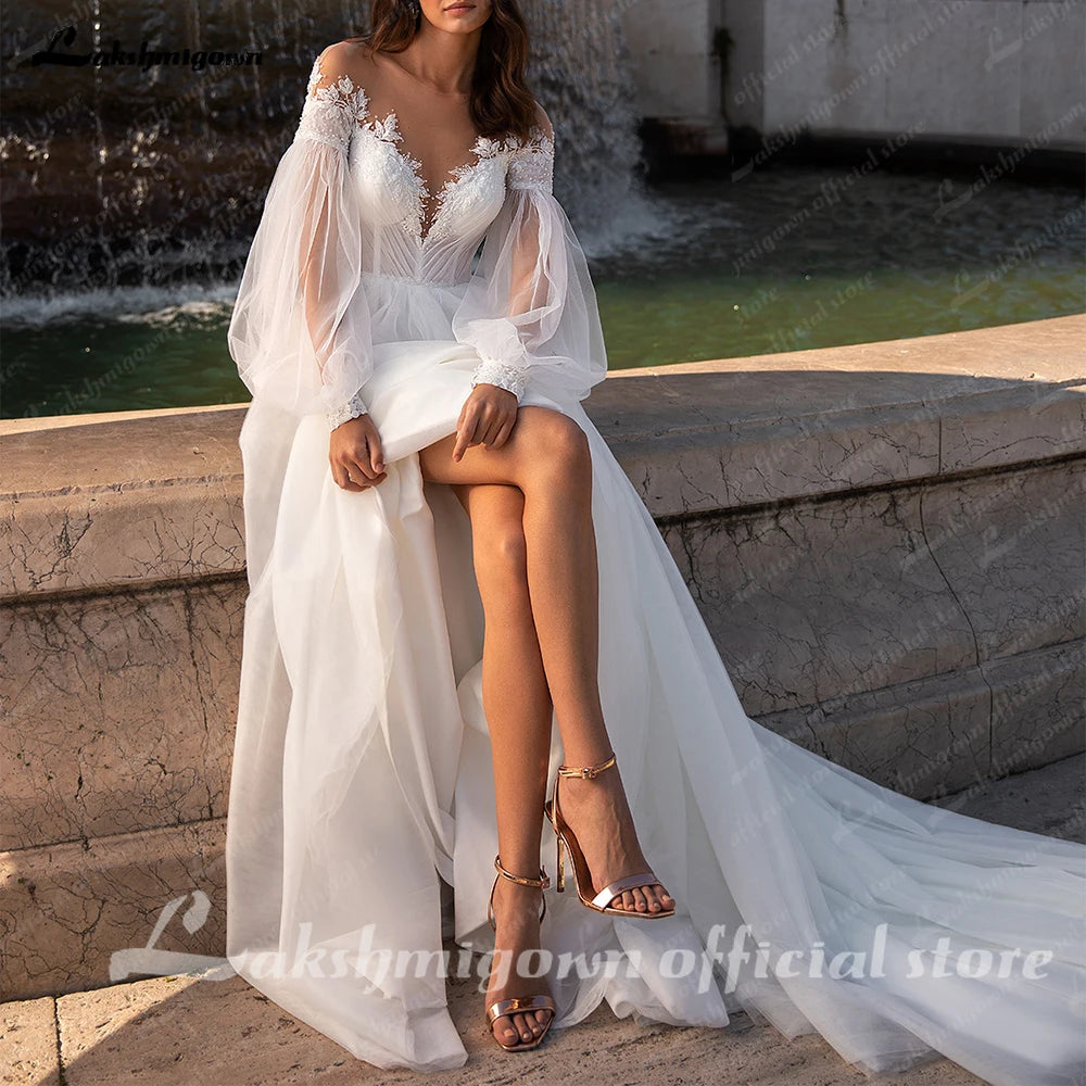 Lakshmigown Puffy Long Sleeves A Line Wedding Dress Deep V Plus Size Custom