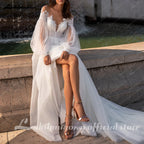 Lakshmigown Puffy Long Sleeves A Line Wedding Dress Deep V Plus Size Custom