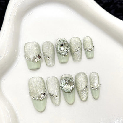 10 uñas postizas de verano, frescas y hechas a mano, color verde menta, con diseño de ojo de gato y diamantes brillantes, estilo francés simple. 