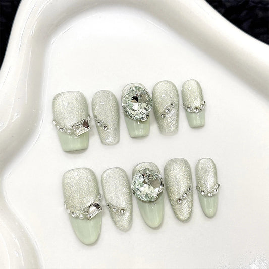 10 uñas postizas de verano, frescas y hechas a mano, color verde menta, con diseño de ojo de gato y diamantes brillantes, estilo francés simple. 