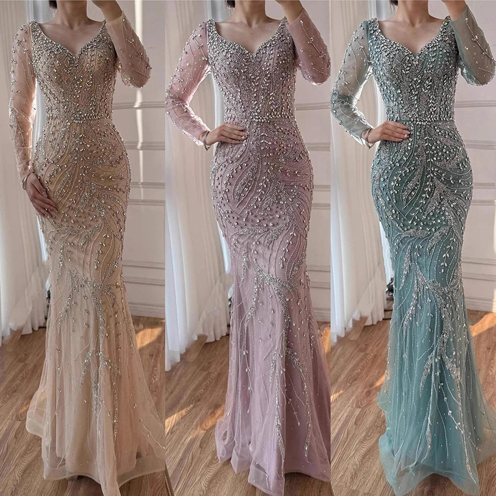 Customized Pink Mermaid Evening Dress Long Sleeve Beaded Gown
