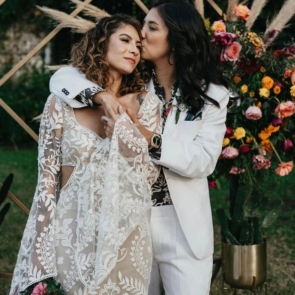 Custom Boho Lace Wedding Dress Rustic Beach Square Neck Batwing Sleeves Gown