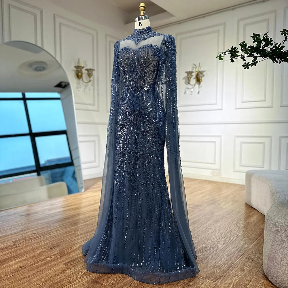 Luxury  Modest Blue Mermaid Evening Dress with Cape LA73006