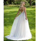 Custom Bohemian Open Back Wedding Dress With Lace Appliques