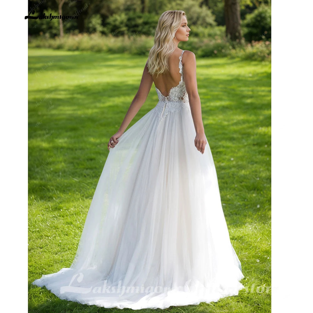 Custom Bohemian Open Back Wedding Dress With Lace Appliques