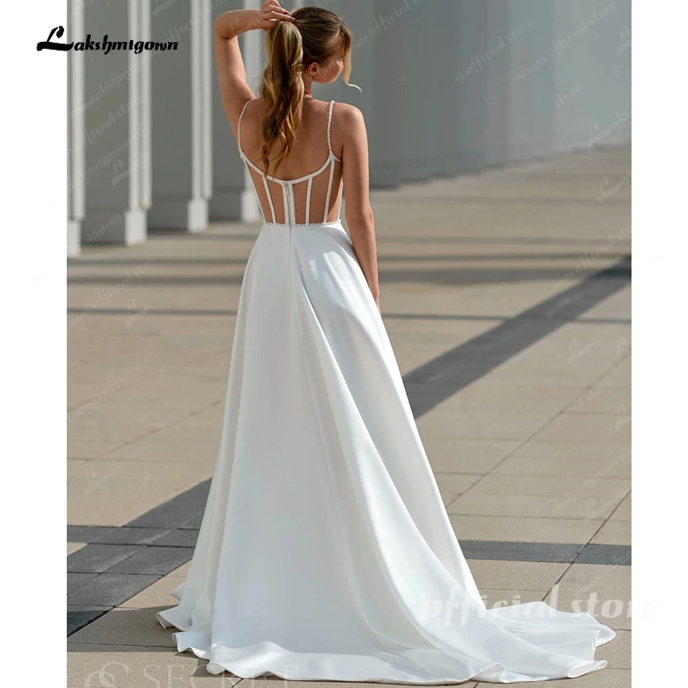 Customized Modern Satin Wedding Dress With High Slit And Sweep Train Design