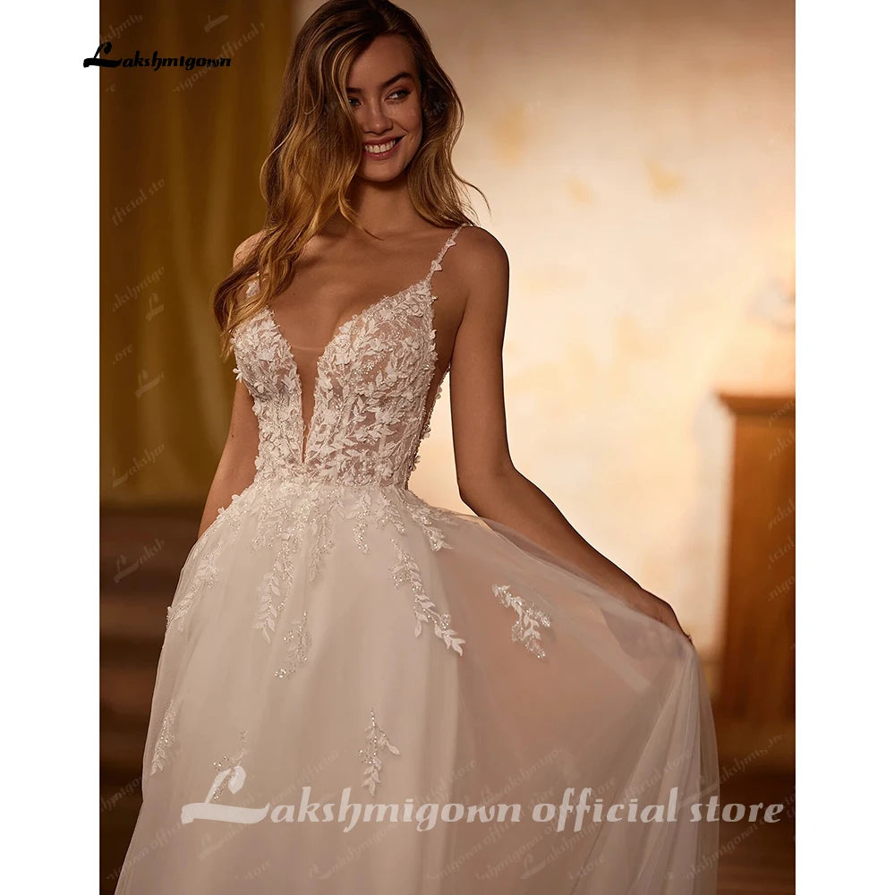 Custom Beach Wedding Dress With Beaded Lace And V Neck Spaghetti Straps