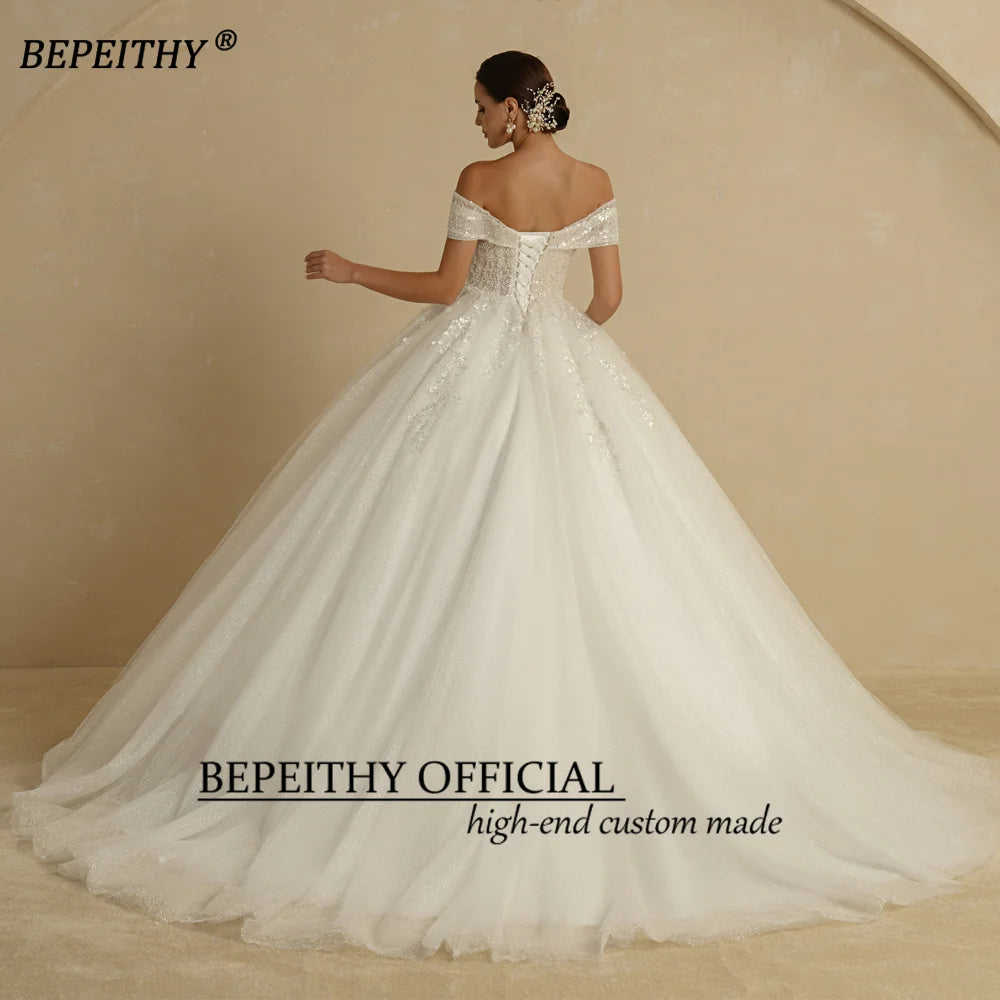 Customized Plus Size Off Shoulder Glitter Princess Ball Wedding Dress