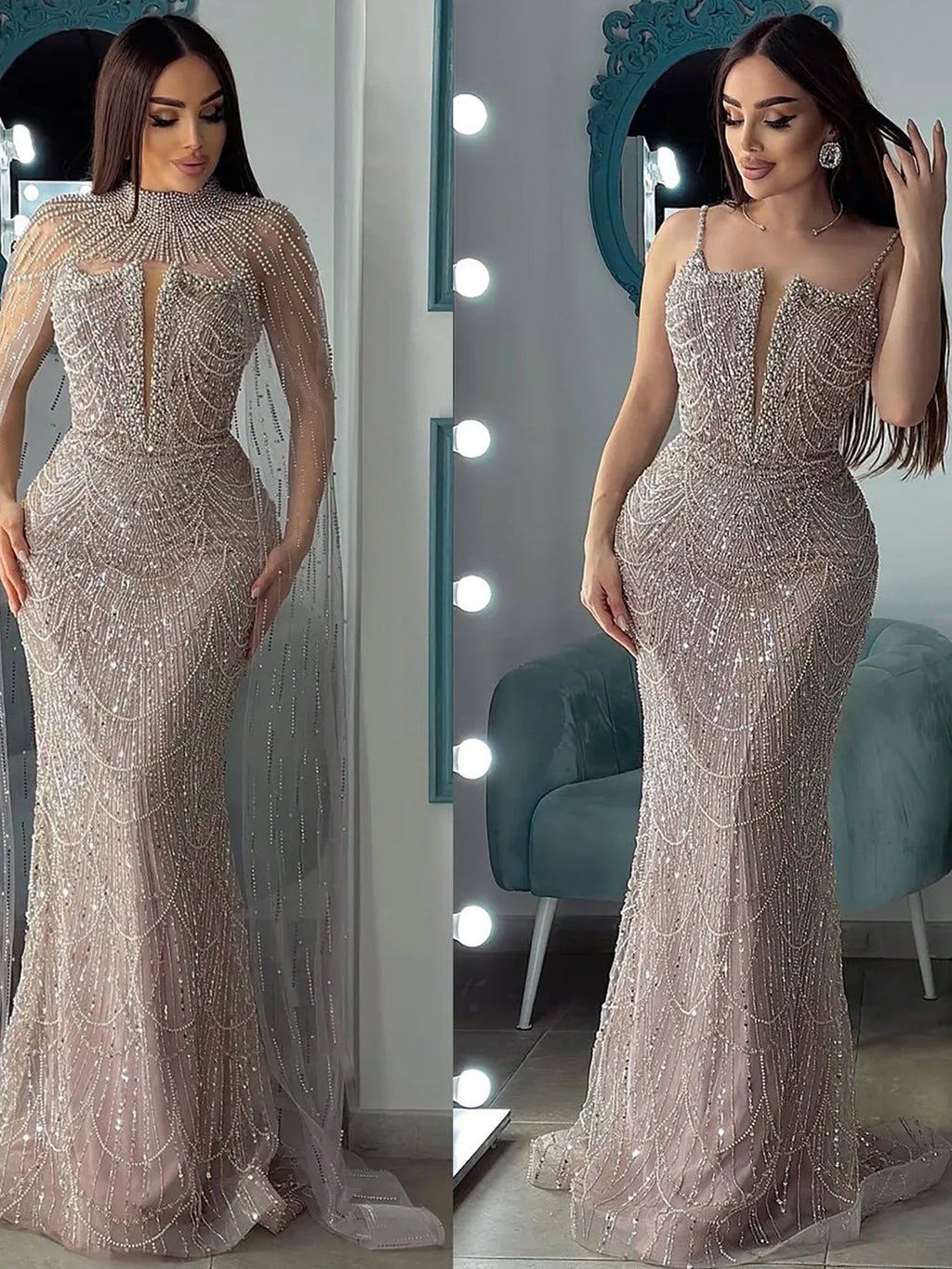 Luxury Evening Dress Nude Pearls Beaded Gown With Tulle Train LA72189A