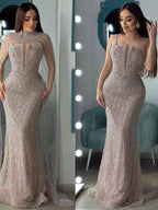 Luxury Evening Dress Nude Pearls Beaded Gown With Tulle Train LA72189A