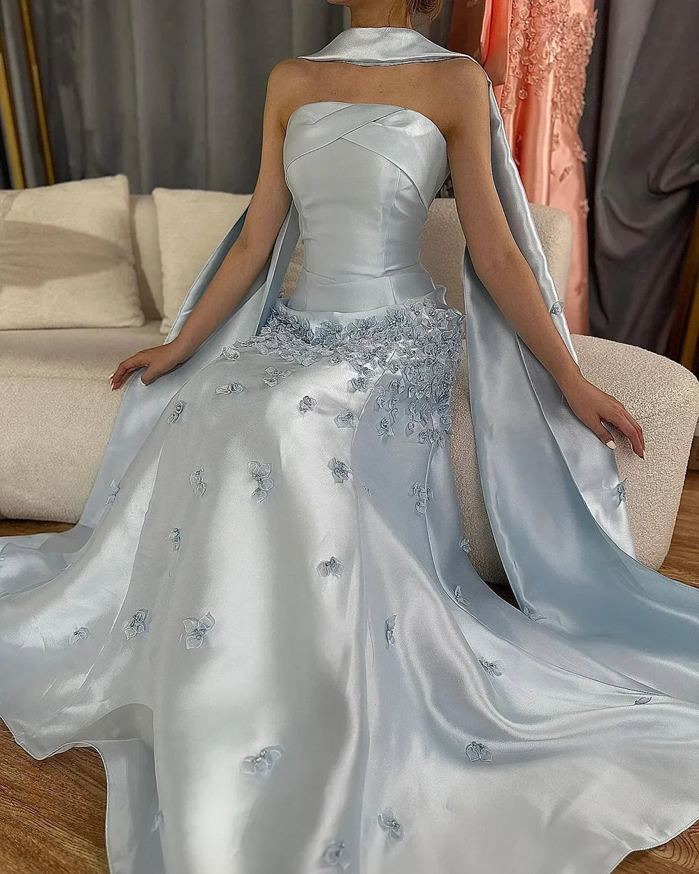 Customized Baby Blue Satin Mermaid Evening Dress Applique Gown For Women