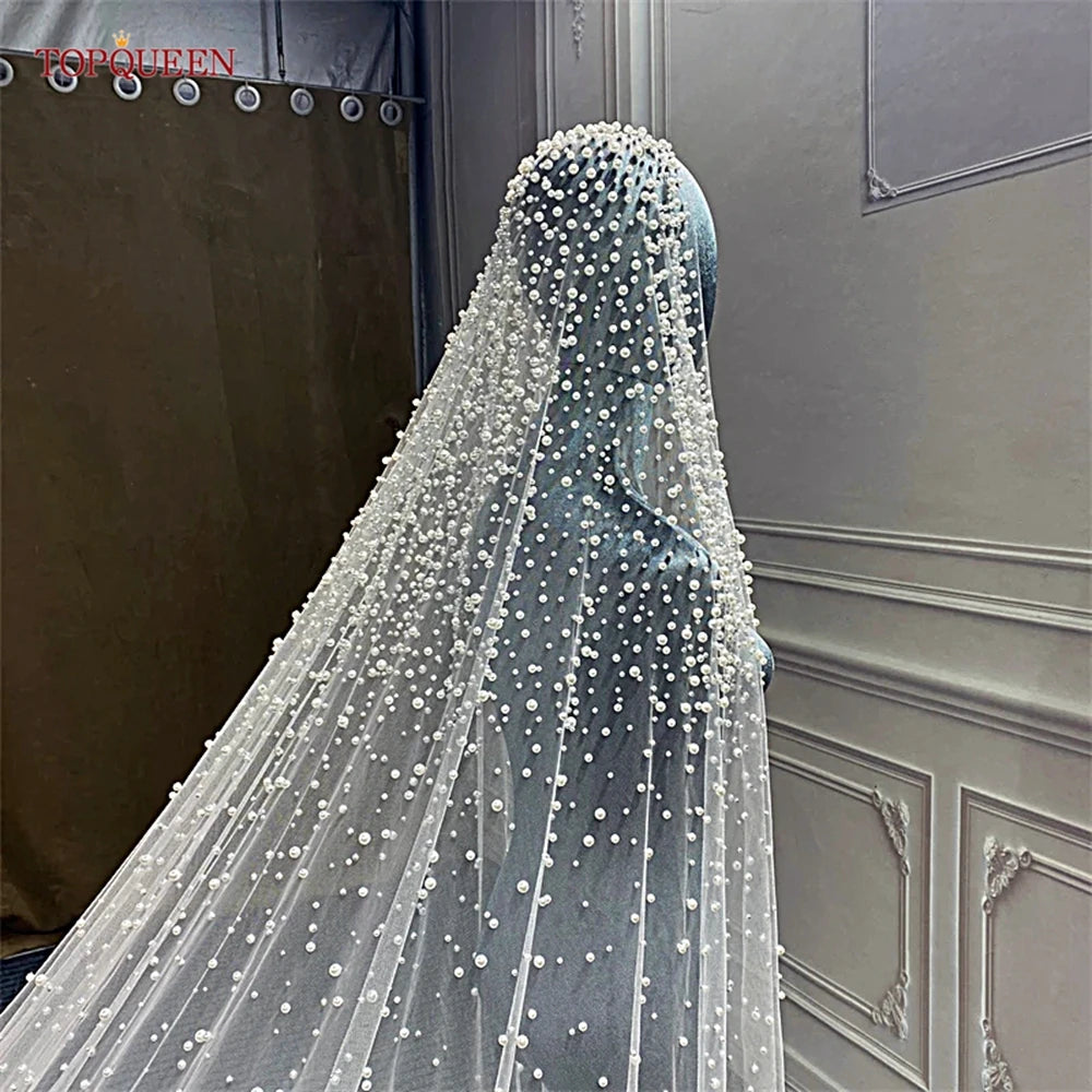 Luxury Pearl Embellished Cathedral Bridal Wedding Veil With Custom Length