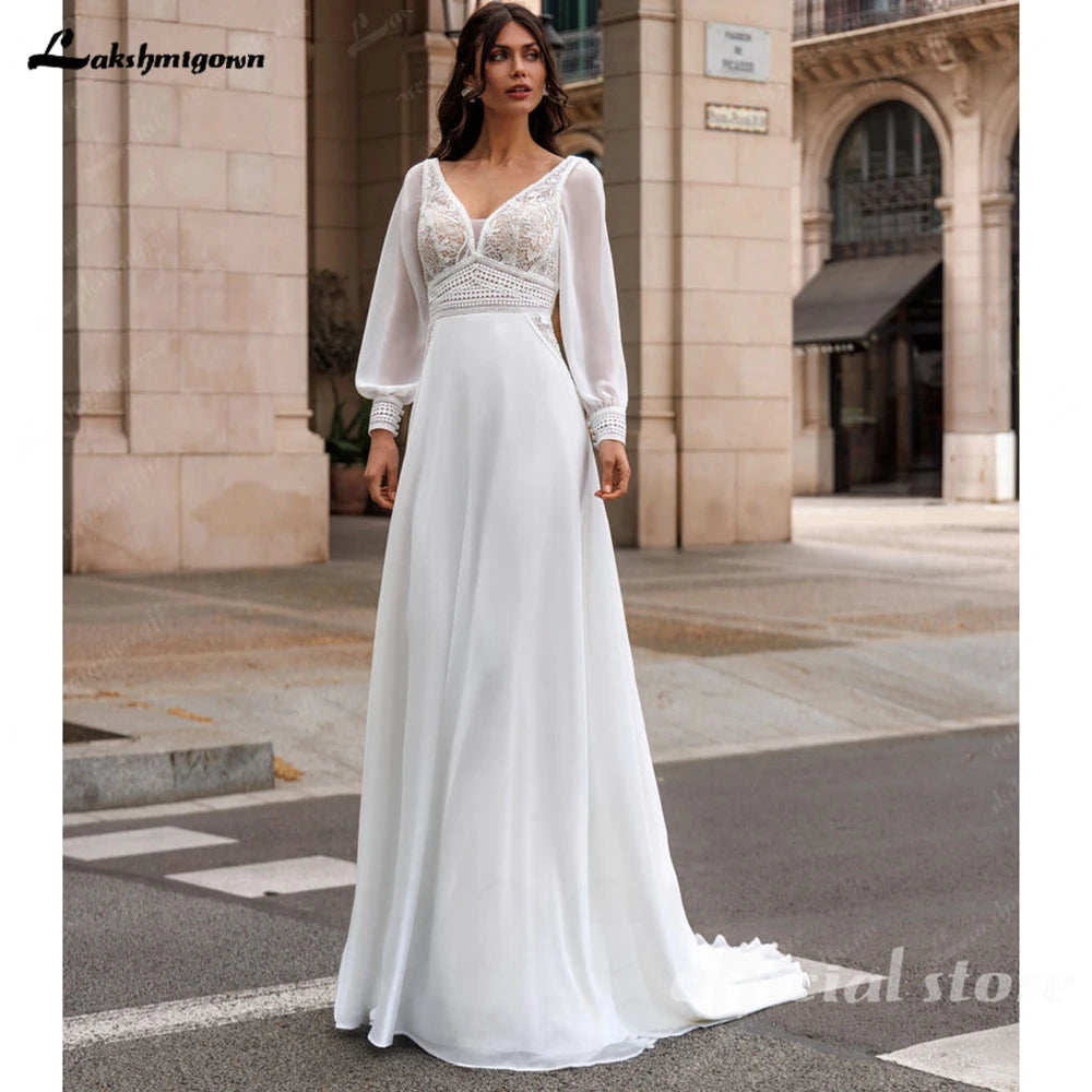 Custom Boho Beach Wedding Dress With Detachable Puffy Chiffon Sleeves