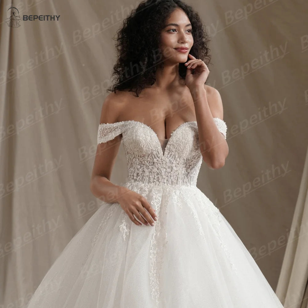 Customized Sweetheart Glitter Boho Wedding Dress Plus Size Ivory