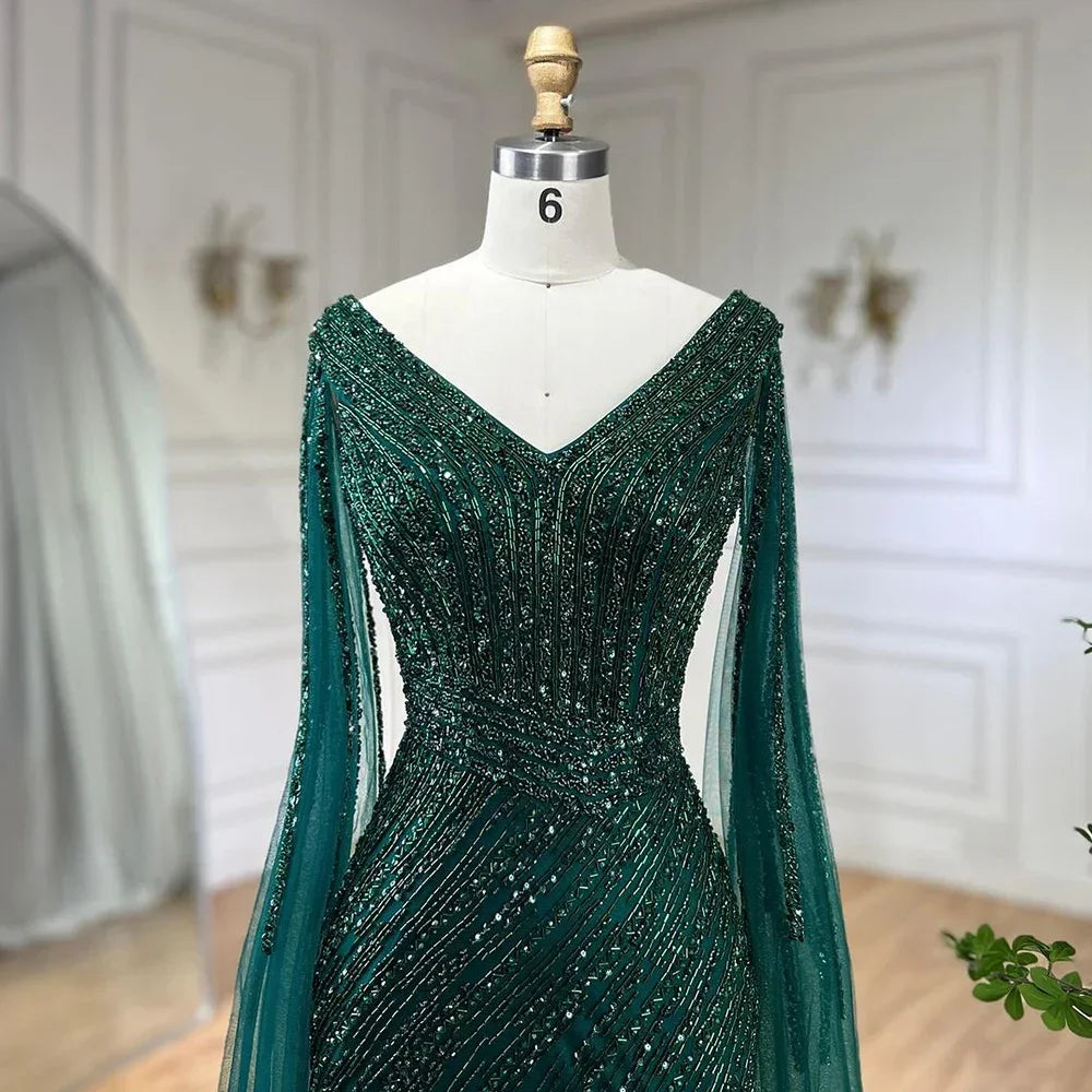 Custom Black Mermaid Evening Dress With Cape Sleeves And Beaded Feathers