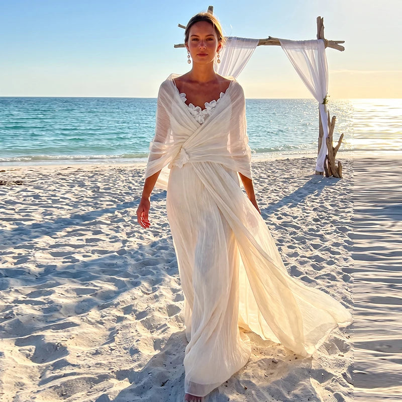 Boho V Neck Wedding Dress Batwing Sleeve Draped Ruched A Line Bridal Gown